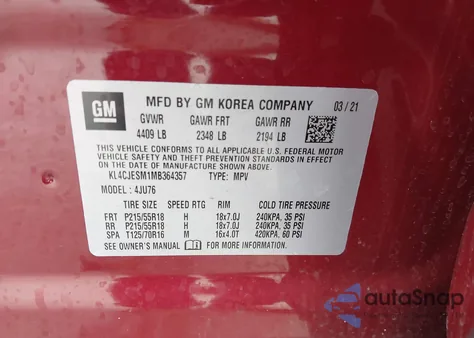 2021 Buick Encore Awd Preferred из США, поврежденный, VIN KL4CJESM1MB364357